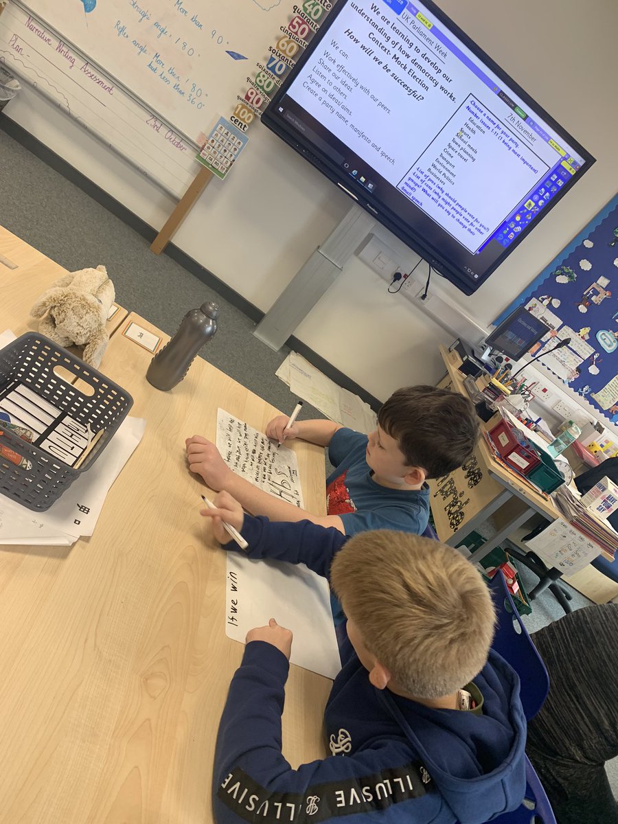 MissOliverStNin's tweet photo. Working in our home groups to prepare for our mock election #UKParliamentWeek #ClassParties #manifesto #speech https://t.co/QPTmd9HglK