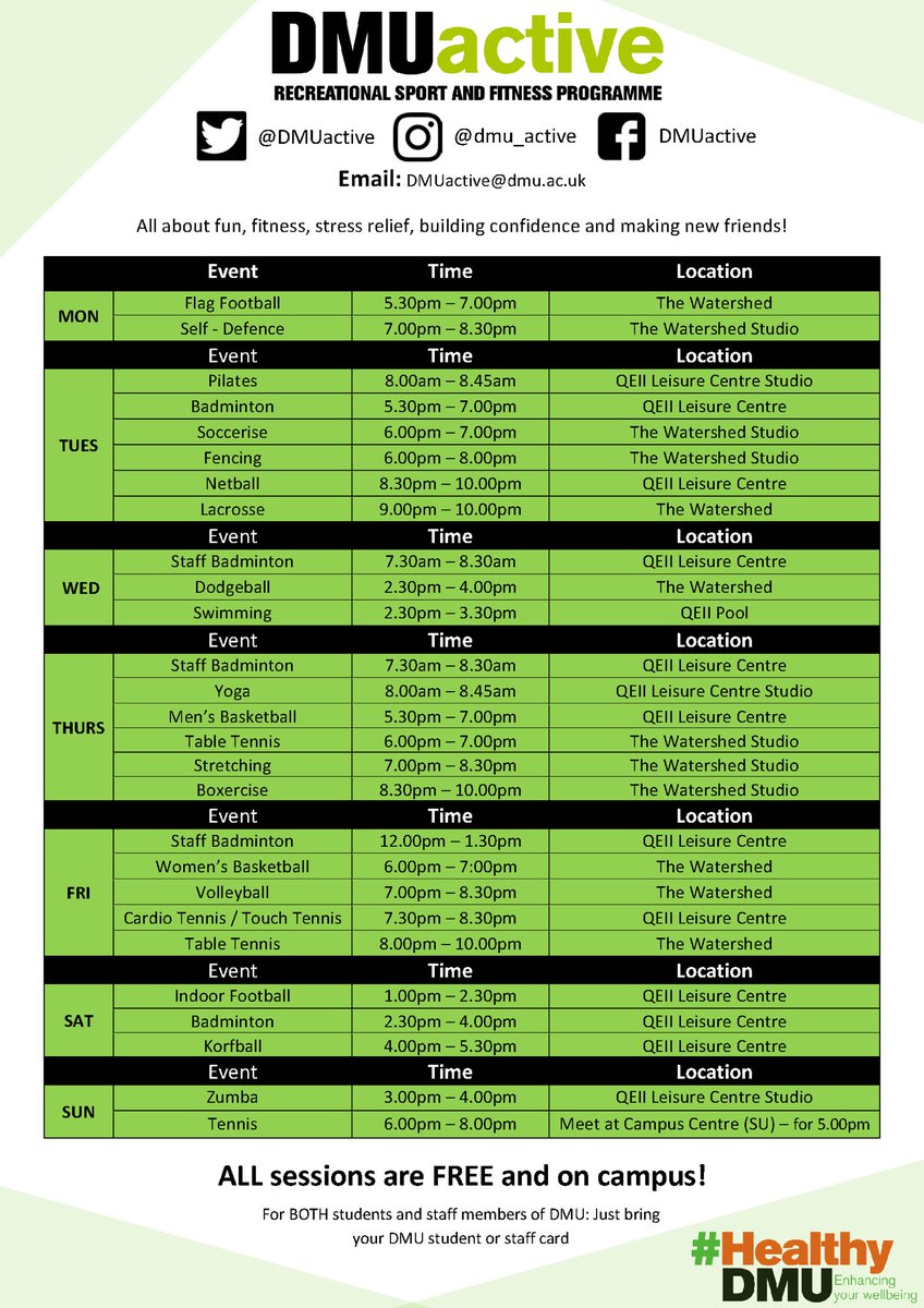 The #DMUactive programme is a fantastic way to look after your physical &amp; mental health whilst you study or work at <a href="/dmuleicester/">dmuleicester</a> 💚

It’s free, fun &amp; there is no commitment 🙌

Check out the FREE timetable below👇

#HealthyDMU