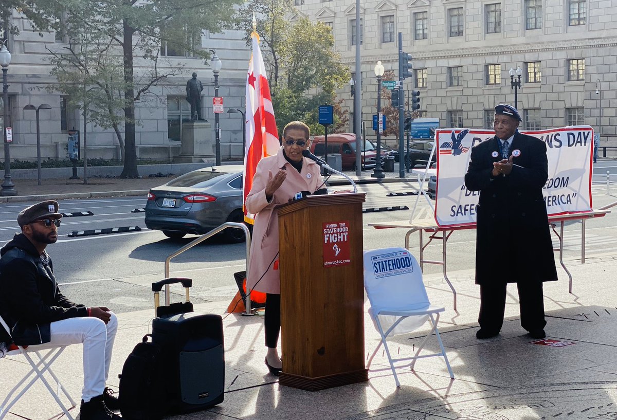 Delegate Eleanor Holmes Norton speaks in Freedom Plaza in DC for a Veterans Day DC statehood event.