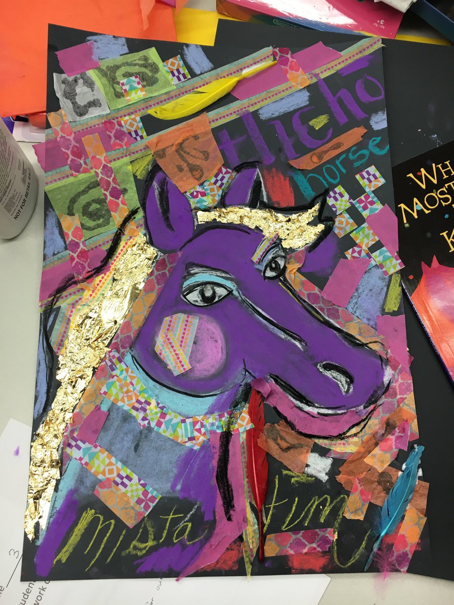 Created this in Art class today with <a href="/ITeach53838108/">ITeachMISSB</a>. This piece was made with What's the Most Beautiful Thing You Know About Horses by Richard Van Camp and Illustrated by George Littlechild - thinking about how we can use this in an art lesson focused on First Nations in Canada