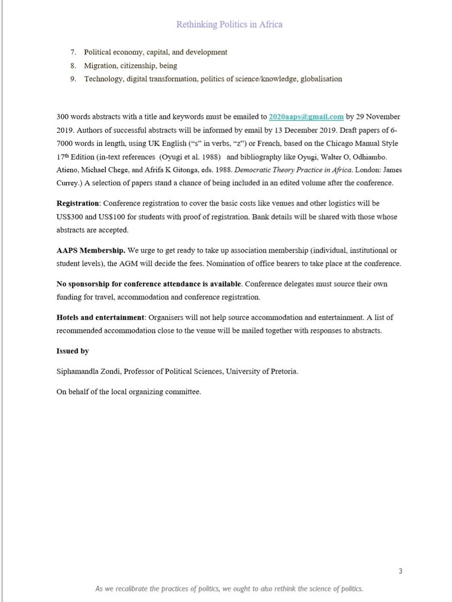 Call for papers: Rethinking politics in Africa. Also launch of an African association of Political Science. <a href="/MYBISA/">BISA - British International Studies Association</a> <a href="/APN_SSRC/">African Peacebuilding Network</a> <a href="/isanet/">ISA</a>  <a href="/ipsa_aisp/">IPSA</a> <a href="/RVInews/">Rift Valley Institute</a> <a href="/ALC_KCL/">African Leadership Centre</a> <a href="/KofiAnnanFdn/">Kofi Annan Foundation</a> <a href="/CODESRIA/">CODESRIA</a> <a href="/DIRCO_ZA/">DIRCO South Africa</a>  
 <a href="/SAAPSZA/">South African Association of Political Studies</a> <a href="/GIGA_Institute/">German Institute for Global and Area Studies</a> <a href="/TanaForum/">Tana High-Level Forum on Security in Africa</a> <a href="/jeune_afrique/">Jeune Afrique</a>