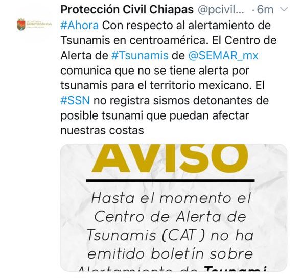 AlertaChiapas's tweet photo. Embajada de Estados Unidos Menciona de un posible Tsunami para las costas de #ElSalvador y #Nicaragua autoridades de esos países realizan desalojo de sus costas, en #Chiapas autoridades confirman que no cuentan con alerta de #Tsunami. https://t.co/TlSGI6iQgq