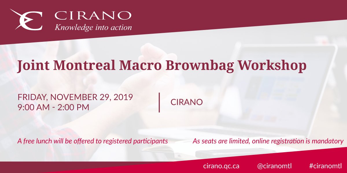 Register now! Joint Montreal Macro Brownbag Workshop <a href="/CIRANOMTL/">CIRANO</a> organized by <a href="/raquel73fonseca/">Raquel Fonseca</a> <a href="/esg_uqam/">ESG UQAM</a> <a href="/mposchke/">Markus Poschke</a> <a href="/mcgillu/">McGill University</a> with João Galindo da Fonseca <a href="/UMontreal/">Université de Montréal</a> Julien Martin <a href="/esg_uqam/">ESG UQAM</a> Simon van Norden <a href="/HEC_Montreal/">HEC Montréal</a> Paul Gomme <a href="/Concordia/">Concordia University</a> → bit.ly/2qEjGRd