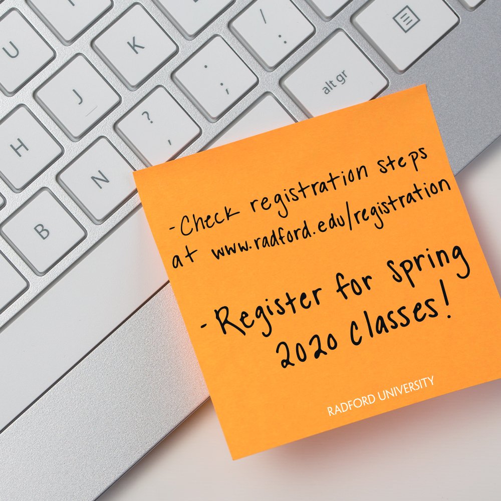 Stick this reminder where you can see it. 👀 Registration for spring 2020 classes is open for students with 56-85 credits! If you’re still waiting to register, find your time here ⬇ radford.edu/registration