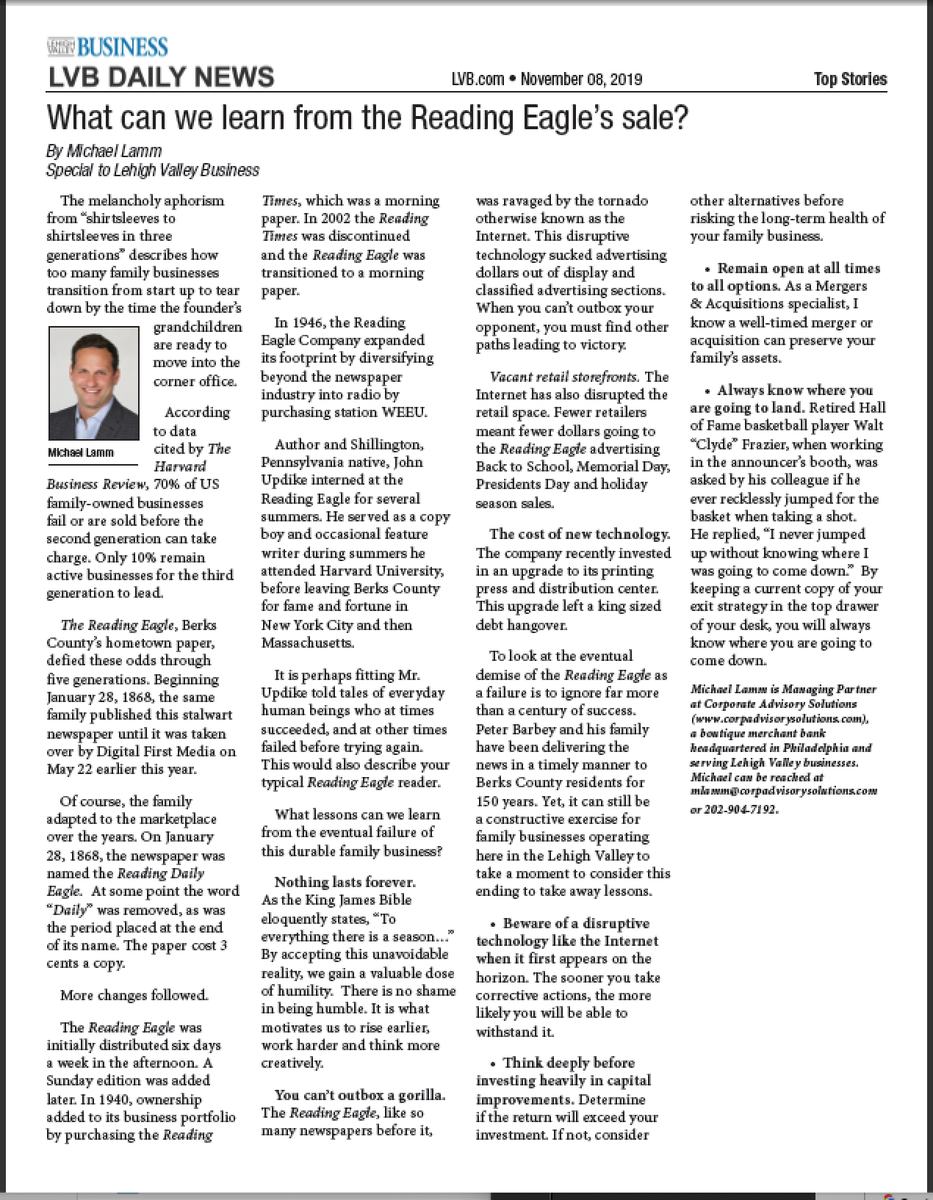 rivercomm357's tweet photo. CAS Managing Partner, Michael Lamm, was featured in Lehigh Valley Business News’ November 8, 2019 issue. https://t.co/354GLmRlmx