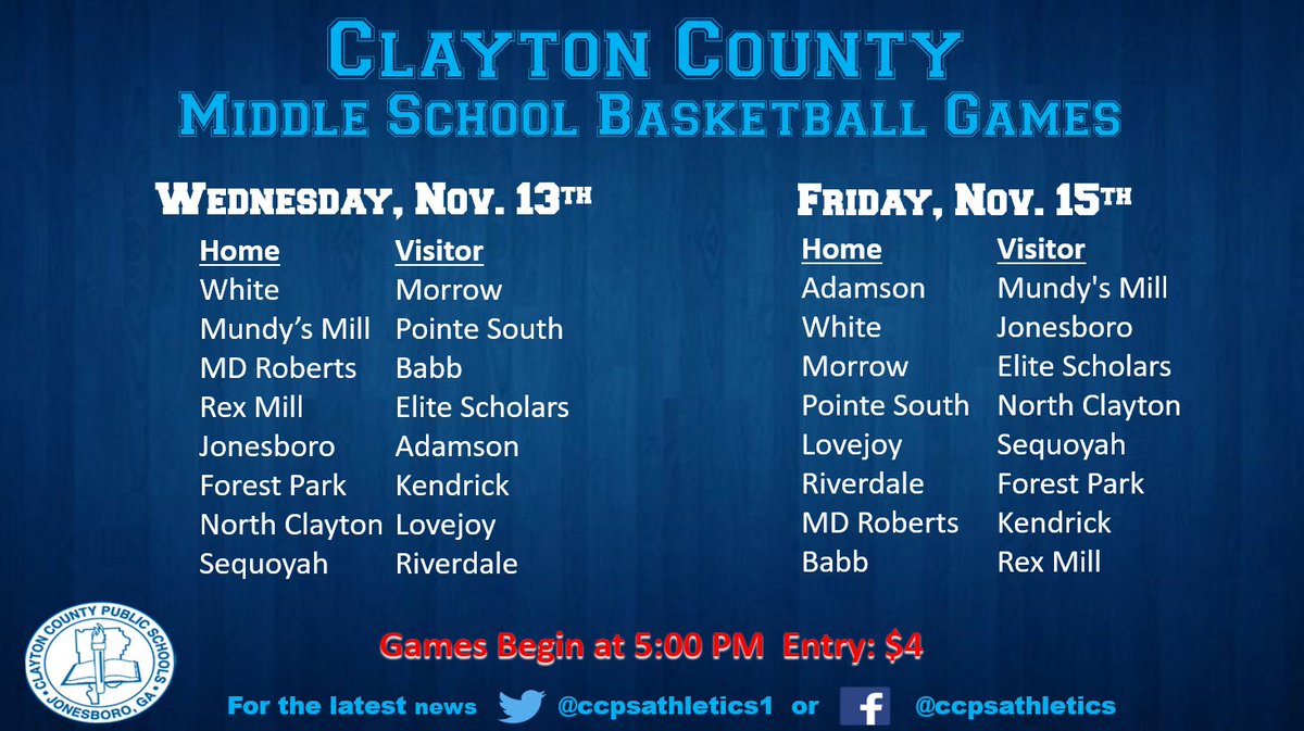CCPS Athletics (@ccpsathletics1) on Twitter photo Middle School Basketball
<a href="/KendrickMiddle/">Kendrick Middle</a> @LovejoyMs <a href="/BabbMiddle/">Babb Middle School</a> <a href="/AdamsonCCPS/">Adamson Middle</a> <a href="/NCMS_SPORTS/">North Clayton Middle Athletics</a> <a href="/Sequoyah_Middle/">Sequoyah Middle Sch.</a> @esaroyalknights <a href="/MorrowMiddle/">Morrow Middle School</a> <a href="/RmmsAthletics/">RmmsAthletics</a> <a href="/MiddleEddie/">Eddie White Middle Academy Athletics</a> <a href="/MundyMill/">Mundy's Mill Middle School Athletics</a> Middle School Basketball
<a href="/KendrickMiddle/">Kendrick Middle</a> @LovejoyMs <a href="/BabbMiddle/">Babb Middle School</a> <a href="/AdamsonCCPS/">Adamson Middle</a> <a href="/NCMS_SPORTS/">North Clayton Middle Athletics</a> <a href="/Sequoyah_Middle/">Sequoyah Middle Sch.</a> @esaroyalknights <a href="/MorrowMiddle/">Morrow Middle School</a> <a href="/RmmsAthletics/">RmmsAthletics</a> <a href="/MiddleEddie/">Eddie White Middle Academy Athletics</a> <a href="/MundyMill/">Mundy's Mill Middle School Athletics</a>