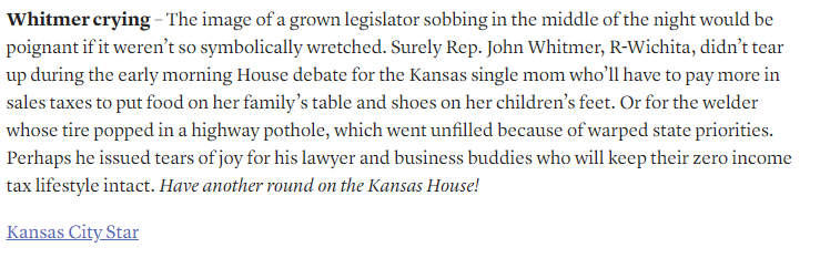 b_hoedl's tweet photo. @Woodard4Kansas Whitmer's version of conservatism:  sponsors bills putting bounties on the heads of trans school children trying to use the bathroom, but sobs on house floor because his rich buddies will have to pay taxes...#ksleg #CryingWhitmer #HeGotTheBoot https://t.co/n9gXqeVeMt
