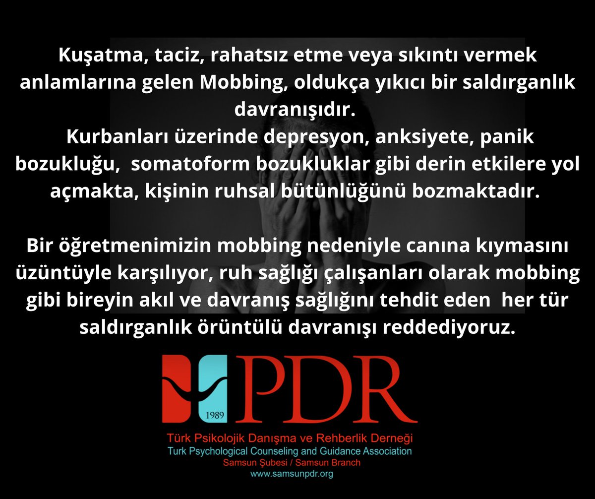 Bir öğretmenimizin mobbing nedeniyle canına kıymasını üzüntüyle karşılıyor, ruh sağlığı çalışanları olarak mobbing gibi bireyin akıl ve davranış sağlığını tehdit eden  her tür saldırganlık örüntülü davranışı reddediyoruz.

#saadetöğretmen