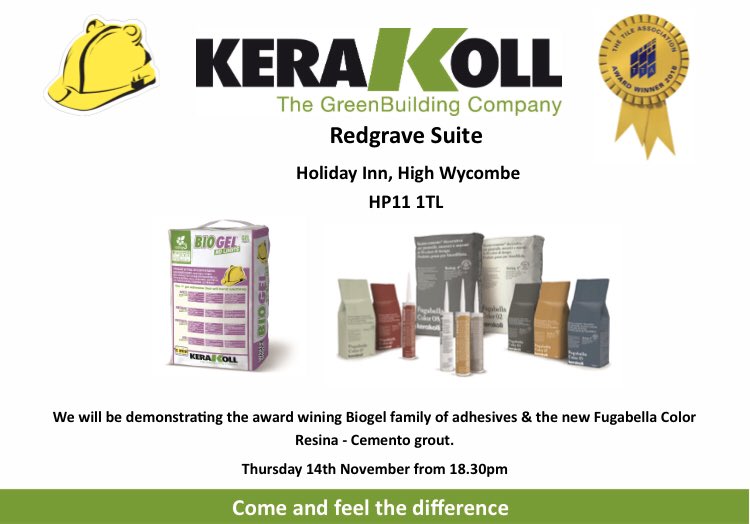 Join us on Thursday 14th November for two exciting presentations on the new Fugabella Color hybrid resin cement grout &amp; the Biogel range of adhesives. Food and drink provided 👍🏻 #Kerakoll
