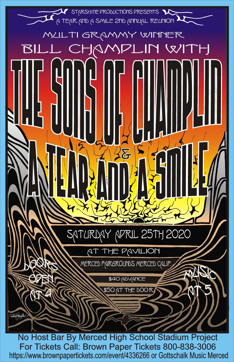 sonsofchamplin's tweet photo. @sonsofchamplin &amp; #TearandASmile Concert re-scheduled to  Sat April 25th, 2020 at the Pavilion, Merced Fairgrounds, Merced, CA. Doors at 4; Music at 5. Advance sales $40; $50 at the door. Any pre-sales for Dec will be honored. See you there@ tickets @ https://t.co/jkOK3MOoF4 https://t.co/9V4uAK3tsb