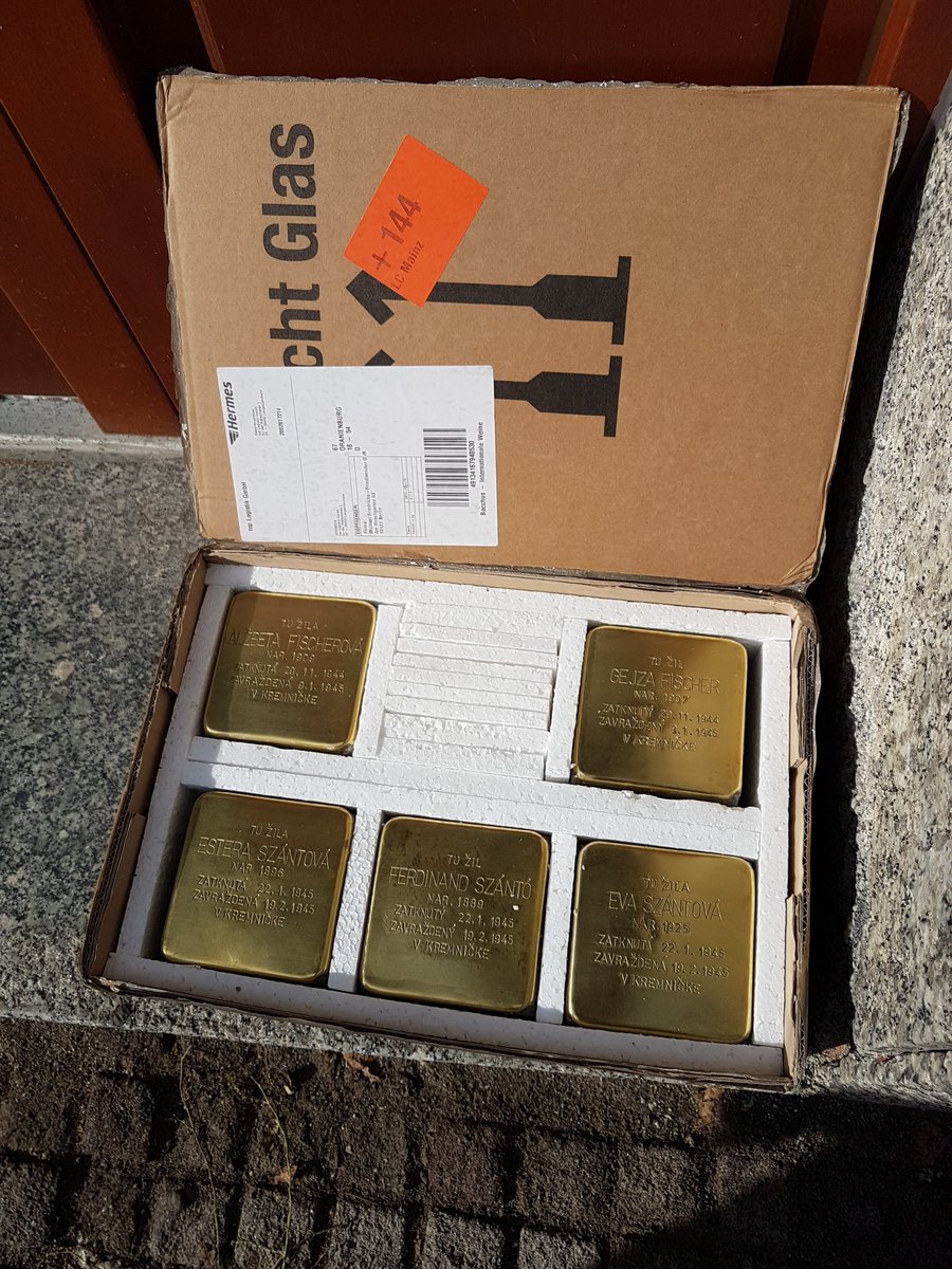 Nem_velvyslan's tweet photo. In presence of zupan #Lunter, primator #Nosko, ambassadors & citizens of #BanskaBystrica , NGO #Antikomplex implanted #Stolpersteine at Dolna St. to commemorate former fellow citizens, victims of the #Holocaust . For freedom & tolerance, against antisemitism/-ciganism & hatred! https://t.co/9Edv26AOTA