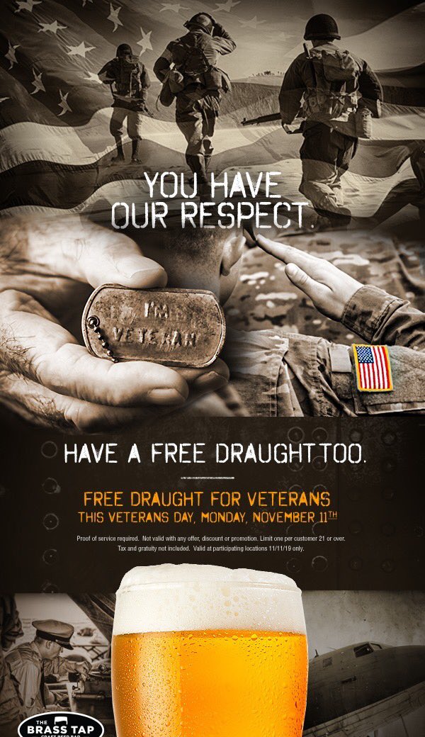 We salute your service and want to show you how much your sacrifices are appreciated!  Come in and enjoy and let us serve YOU!

#brasstaptv #brasstapcos #craftbeer #craftbeers #beer #beerlover #drinkcraftbeer #beertography #craftbeerlover #craftbeersnob #lovebeer #veteransday2019
