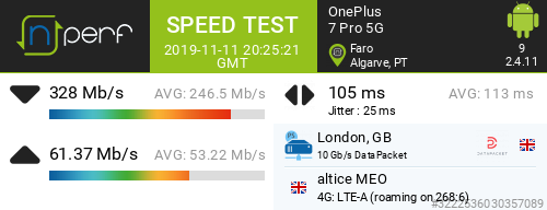 rasseru16's tweet photo. Three UK speed test on MEO Portugal! ↓327987 kb/s ↑61371 kb/s, ⇄ 105 ms / mobile:MEO / #OnePlus7Pro5G / #nPerf v2.4.11 / https://t.co/BF5rBWoXCi