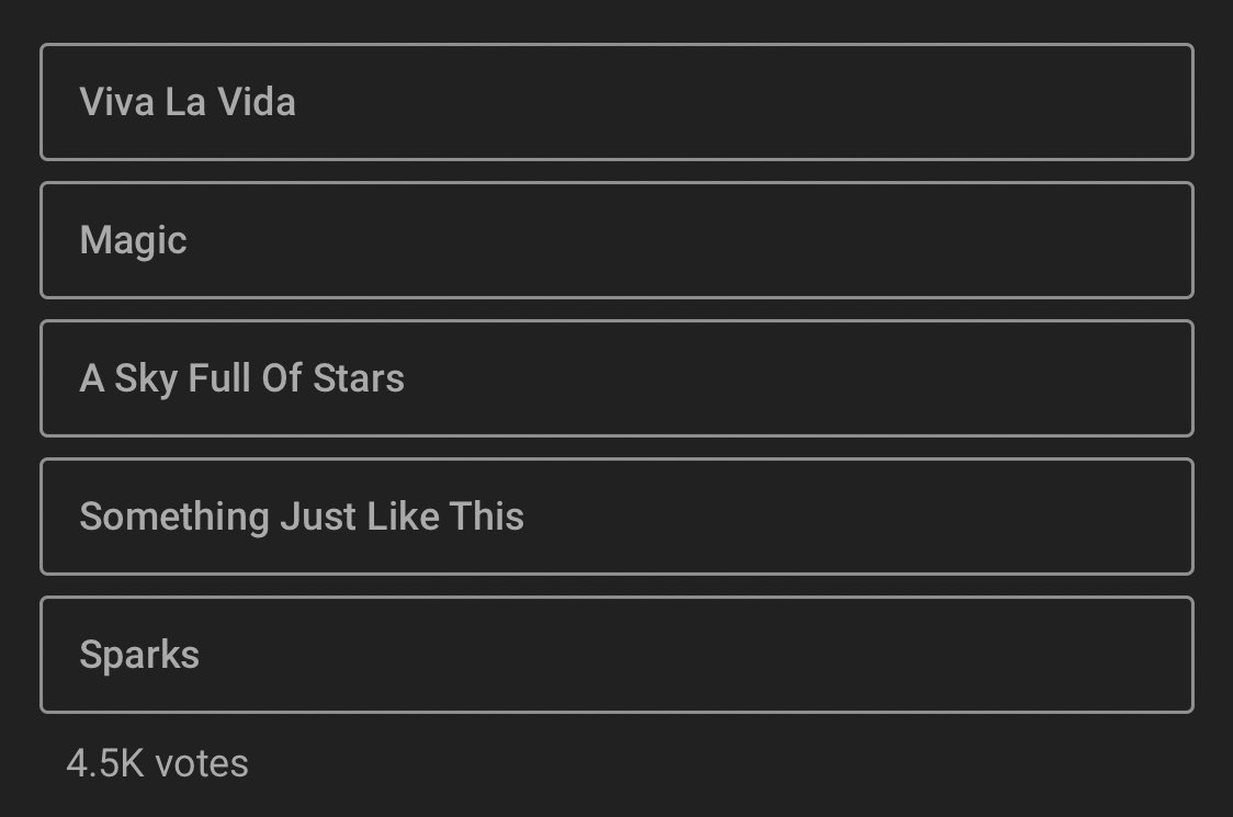 Coldplaying Go Vote For What Song Coldplay Will Play At The End Of Their Q A By Going To The Community Tab On Their Youtube Page T Co M9qxuhwhci Coldplaying Go Vote For What Song Coldplay Will Play At The End Of Their Q A By Going To The Community Tab On Their Youtube Page T Co M9qxuhwhci