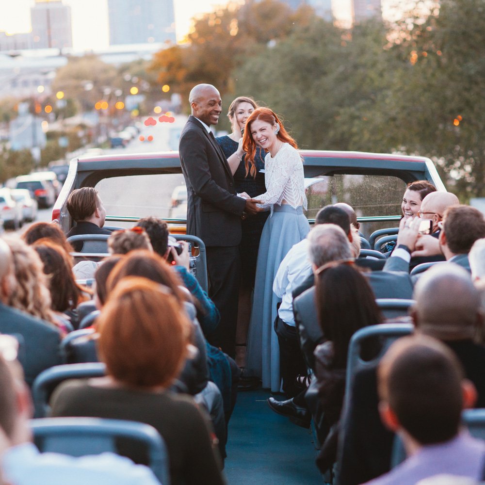 theknot's tweet photo. Monica and Ken chose to #maketradition on their wedding day by hosting their ceremony on a double-decker bus! "We both love Chicago; we met here and it is home to us. So this was the only place where getting married felt right," Monica says. https://t.co/Cfcjrqi8M2