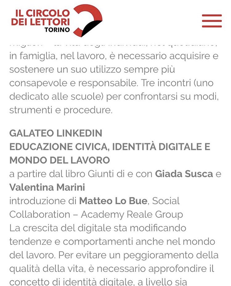 Dalla collaborazione tra <a href="/CircoloLettori/">Fondazione Circolo dei lettori</a> e <a href="/Reale_Mutua/">Reale Mutua</a>, per approfondire la responsabilità al tempo di #Internet, nasce il progetto “Digital Responsability”. Parleremo di #GalateoLinkedIn e del #libro di <a href="/GiuntiEditore/">Giunti Editore</a> 

Vi aspettiamo a #Torino!
👉 lnkd.in/gc6YYCP