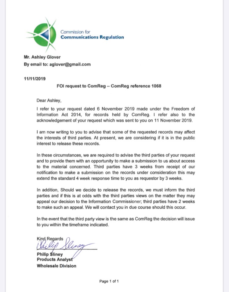 gloverstweets's tweet image. Update on our recent @irelandoffline #foi on why @Comreg are not enforcing mandatory disclosure of fibre rollout plans by Eir.  Agreed. Request absolutely affects the interests of third parties #overbuild