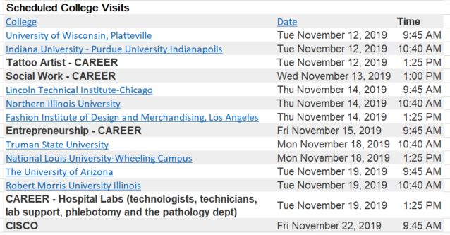 College and Career Resource Center has so many career and college presentations coming up! Make sure to sign up on Naviance to find out if a career or college is right for you!