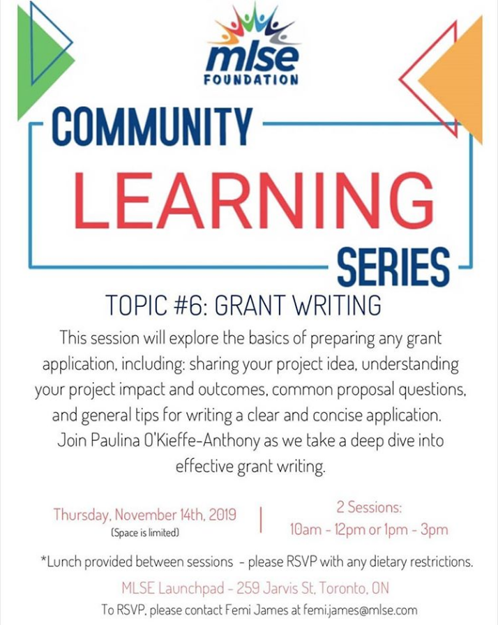 supblkcharities's tweet image. Don&apos;t miss the @MLSELaunchPad #CommunityLearningSeries on November 14th! This workshop will focus on grant writing, from understanding project impact and outcome to writing tips and more.
Hosted by @Paulina_Okieffe 
#SupportBlackCharities #TorontoEvents #GrantWriting