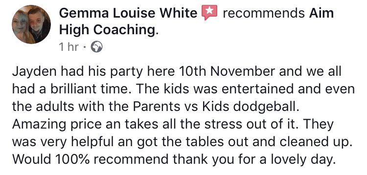HighCoaching's tweet photo. Some amazing feedback from our recent sports birthday parties! #AimHigh 🥅⚽️🏏⛳️🏀🏸⛹🏻‍♂️🏑⛹🏼‍♀️🥇🏆#sports #birthdayparty https://t.co/QxHknI1bzq
