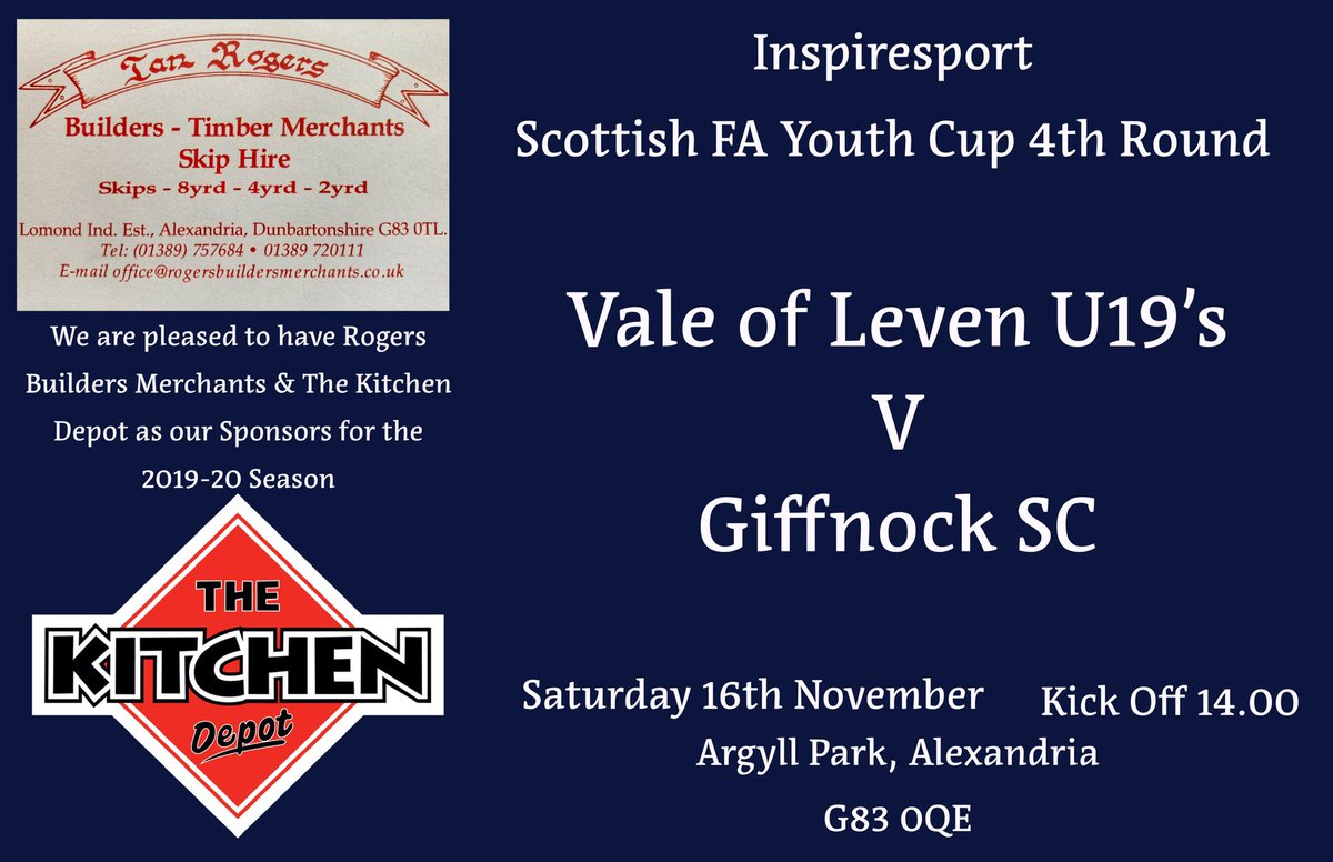 Vale of Leven U19s (@valeofleven19s) on Twitter photo This Saturday we welcome <a href="/giffnocksc/">@GiffnockSC_2002</a> to Argyll Park for our <a href="/inspiresport/">inspiresport</a> Scottish FA Youth Cup 4th Round tie. This Saturday we welcome <a href="/giffnocksc/">@GiffnockSC_2002</a> to Argyll Park for our <a href="/inspiresport/">inspiresport</a> Scottish FA Youth Cup 4th Round tie.
