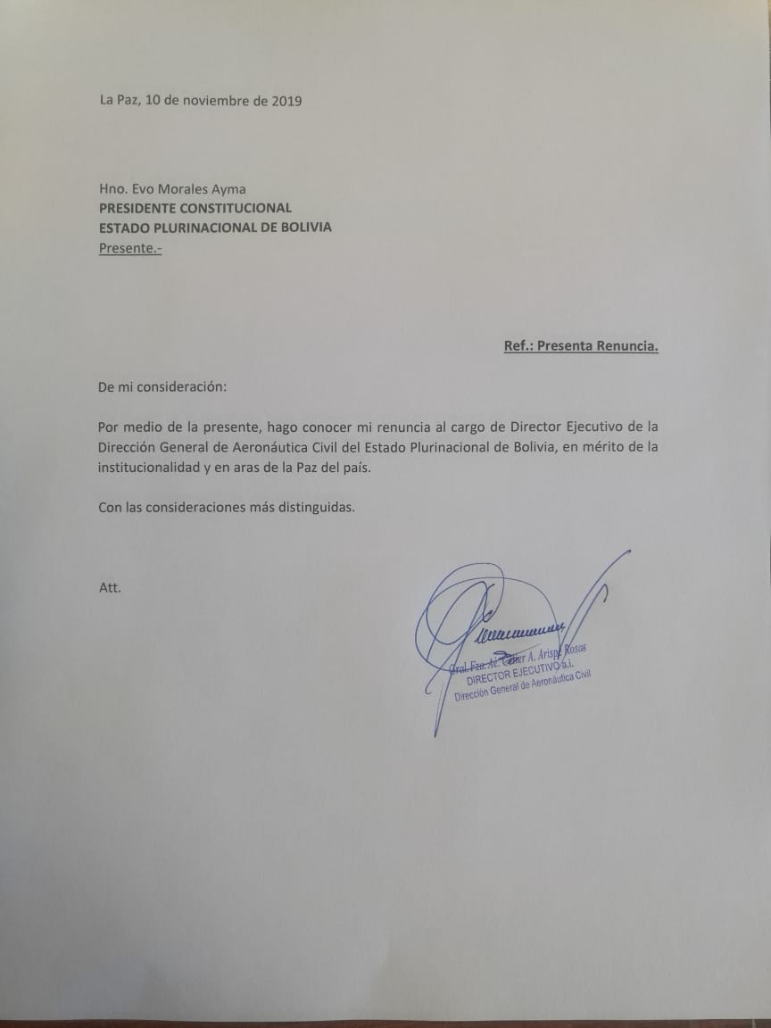 JohnArandia's tweet image. Renuncia Gral. Celier Arispe, director de la DGAC y ex piloto de Evo Morales.