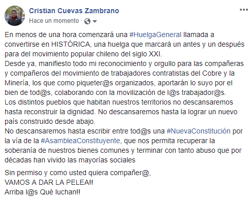 ccuevasz's tweet image. En menos de una hora comenzará una #HuelgaGeneral llamada a convertirse en HISTORICA.
Una huelga que marcará un antes y un después para del movimiento popular chileno del siglo XXI
#ParoNacional
VAMOS CON TODO, CON TODAS Y CON TODOS