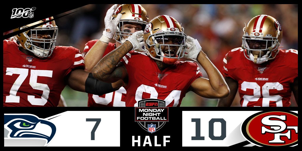 NFL's tweet photo. HALFTIME:
#Seahawks 7
#GoNiners 10
📺: #SEAvsSF on ESPN
📱: NFL app // Yahoo Sports app
Watch free on mobile: https://t.co/SlB0VGjZhH https://t.co/ISjxUQFJuZ