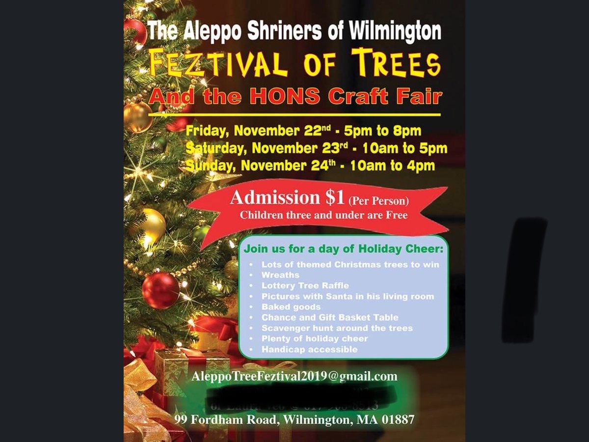 Feztival of Trees &amp; HONS Craft Fair! November 22, 23, 24, in the mezzanine level of Aleppo. Plenty of Christmas trees to win. Wreaths, lottery tree, baked goods, gift baskets, scavenger hunt and the Aleppo Clowns #Wilmingtonma #Wilmington