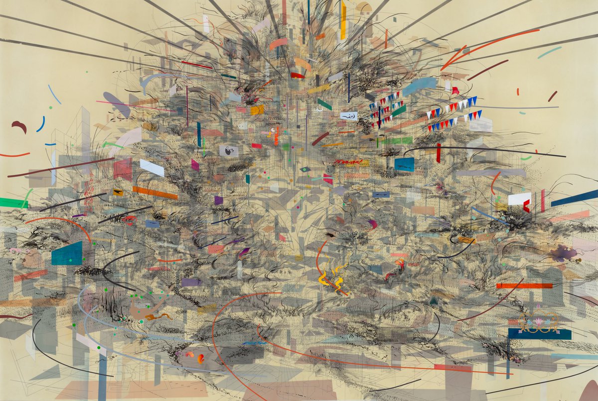 Julie Mehretu“Trying to figure out who I am and my work is trying to understand systems,” Mehretu’s abstract compositions reference modernist architecture, Google Maps, Coliseum-like buildings, and defaced structures.