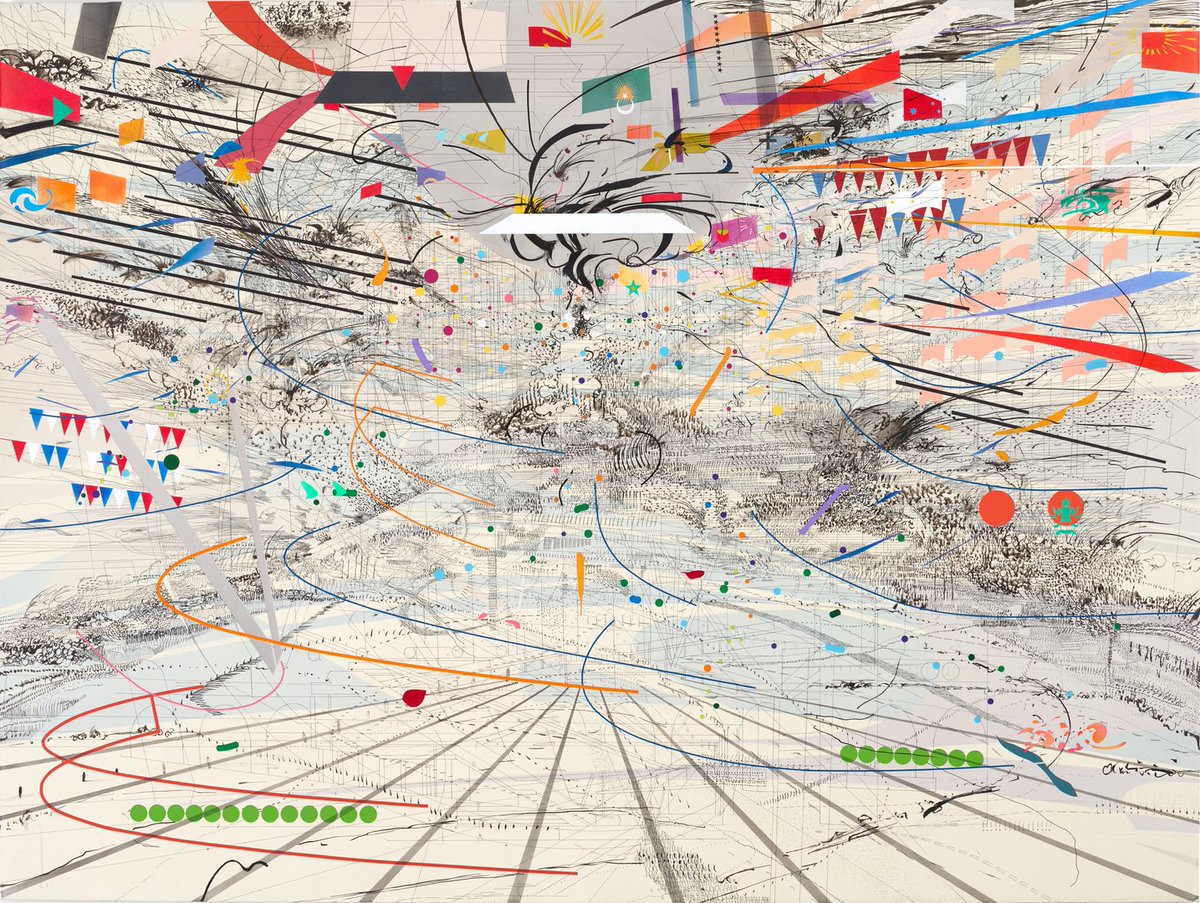 Julie Mehretu“Trying to figure out who I am and my work is trying to understand systems,” Mehretu’s abstract compositions reference modernist architecture, Google Maps, Coliseum-like buildings, and defaced structures.