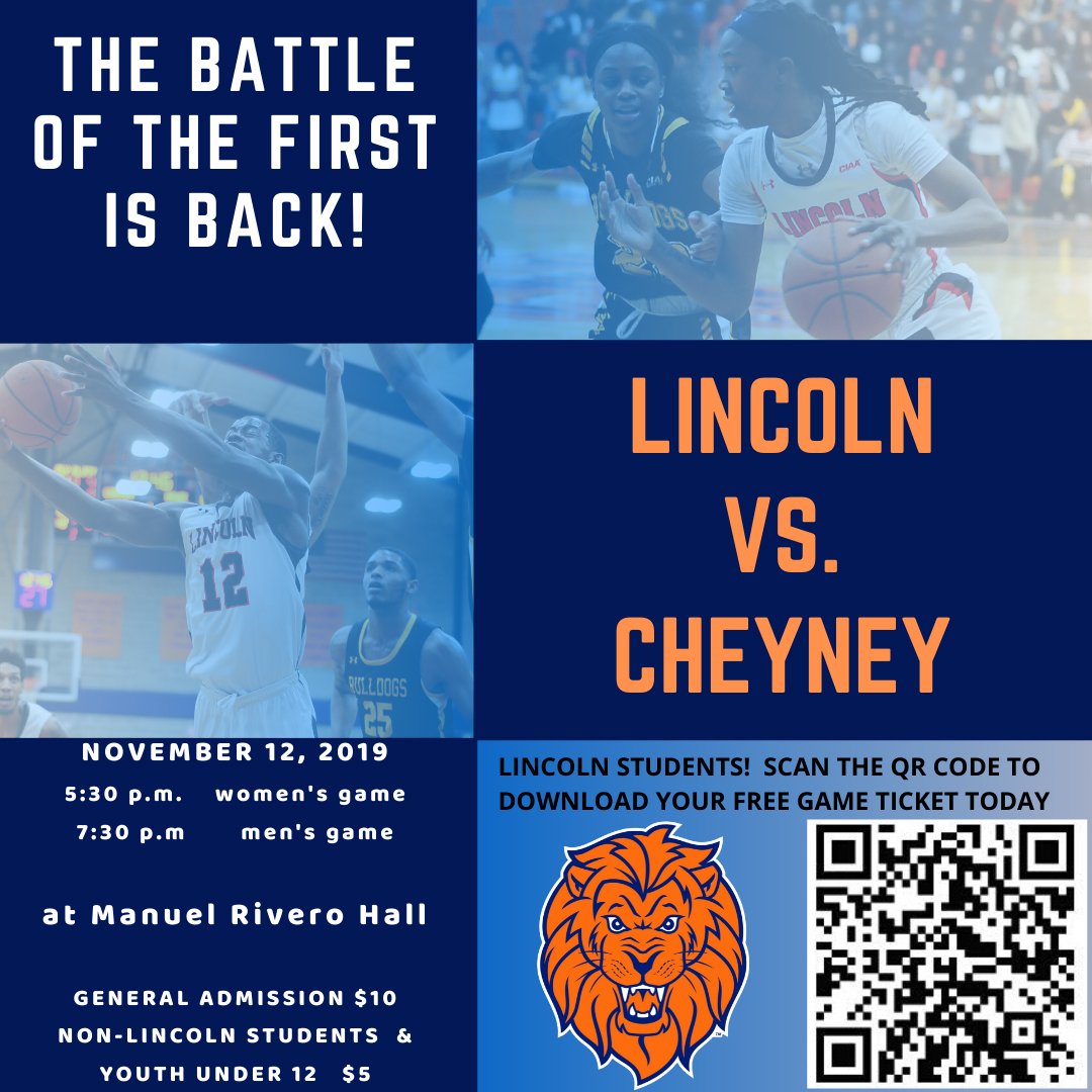 LUL1onsAthletic's tweet photo. 24 HOURS Until the Battle of the First! It's back!
November 12th 5:30 pm women's game/7:30 pm men's game
Lincoln Students - Use the QR Code to download your FREE ticket!
They are going fast
#FeelTheRoar #BattleofTheFirst https://t.co/TLSkVK7262