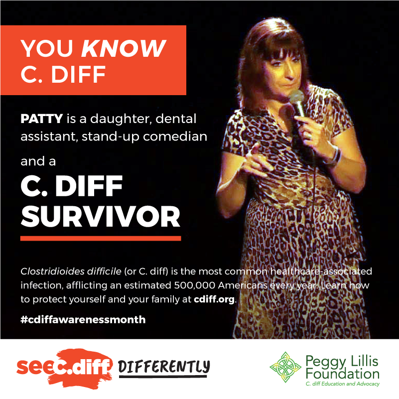 PeggyFund's tweet photo. Patty is a stand up comedian who learned that #cdiff is no laughing matter. Check out https://t.co/ZgYGH6EjGa to join our #SeeCdiff campaign #cdiffawarenessmonth #novembercdiffawareness #infection #youknowcdiff https://t.co/3C6kwSinqN