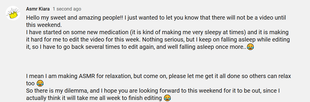 Asmr_Kiara's tweet photo. Well, it finally happened!! The upload for the coming weekend is going to be super relaxing, since I am unable to stay awake long enough to edit 😂 but that means that there is no upload before that, read below to get a better picture 😂 #Update #ASMRUpdate #NoVideoUntilWeekend https://t.co/FVSPA2Mt31
