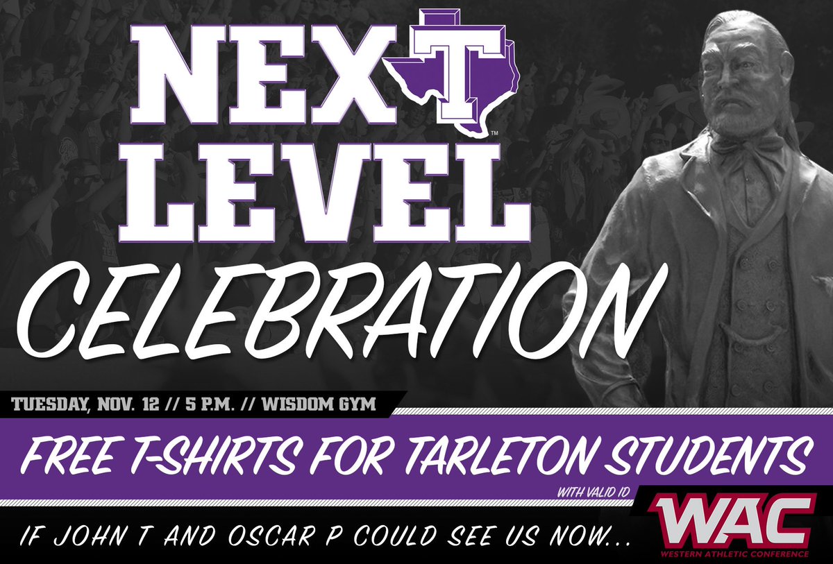 LathesTowns's tweet photo. @TarletonState Next Level Celebration! Calling ALL OUR TEXANS! #WisdomGym 5pm #FreeTshirts #HistoricalMoment #NextLevel #LetGoTexans #RollTexans #BleedPurple #TarletonNewPathway #BeTheDifference #MakeADifference https://t.co/xtucTB3y7n
