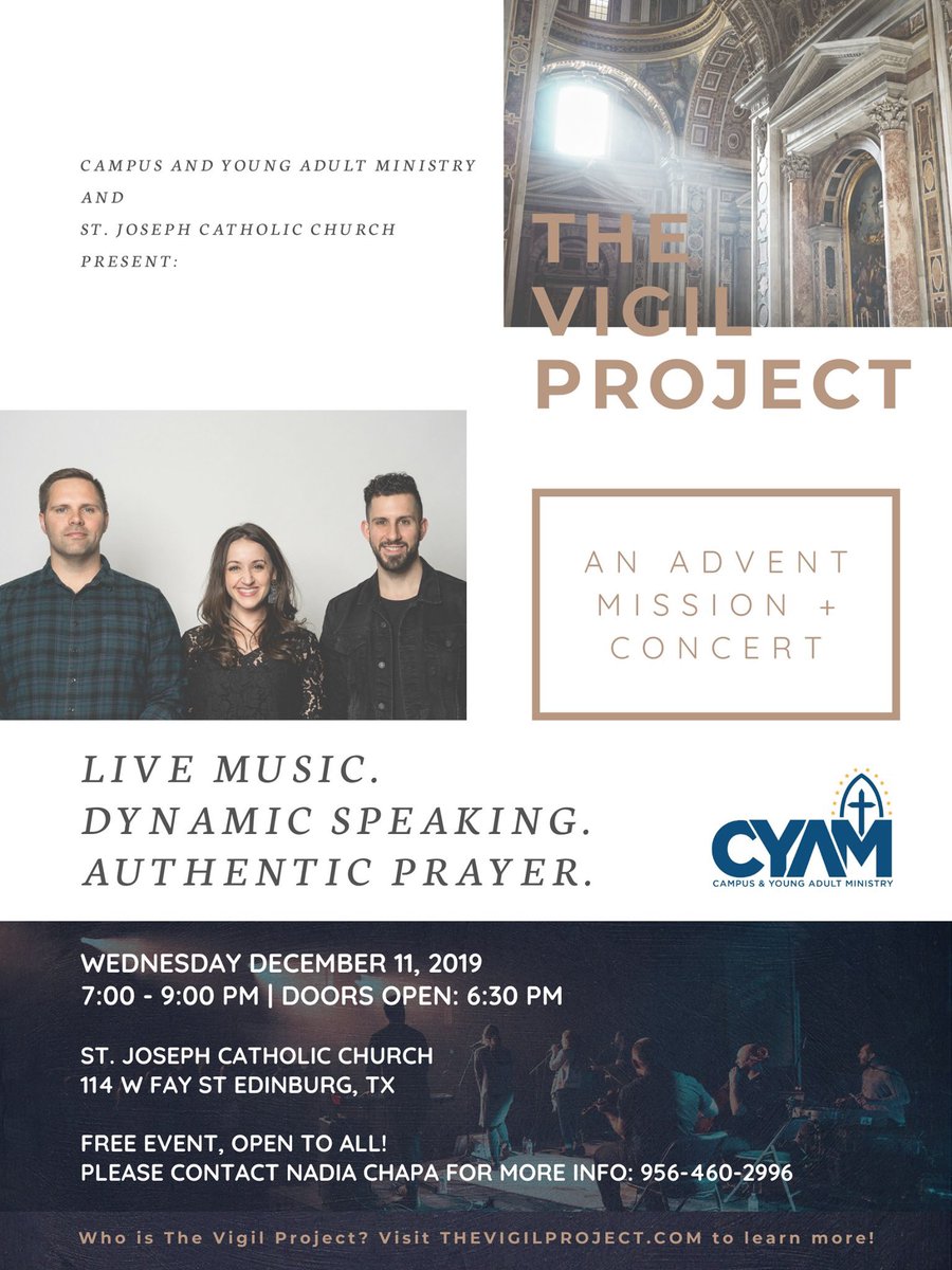 cdobcyam's tweet photo. We are very excited to announce that in just one month @TheVigilProject will be visiting our diocese for a couple of Advent Mission Concerts. Both of these concerts will be FREE and open to all! So, save the dates and invite your friends and family. Make it a great Advent! https://t.co/sb4qZCjek7