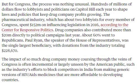 While the answer is multi-faceted, I think it's best to start with the fact that Big Pharma spends more money lobbying congress than ANY OTHER INDUSTRYOver $2.5 Billion over the last decade.A great way to make sure no one in government says anything that might piss you off