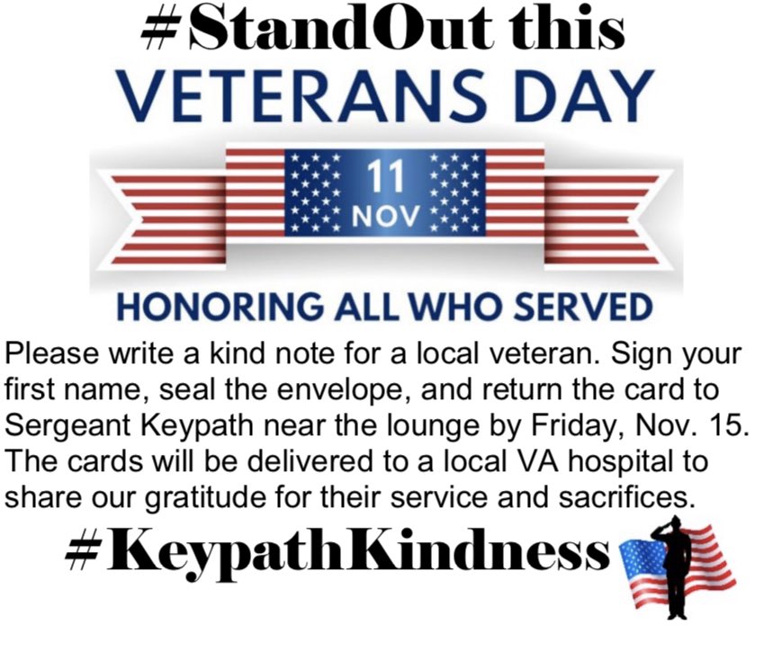 kcmgd31's tweet photo. #KeypathKindness is showing our love and gratitude for all those who have served. Thank you cards were placed on all desks so that everyone could write a #StandOut note of appreciation for a veteran. #KeypathRocks https://t.co/MyqZxcc9Po