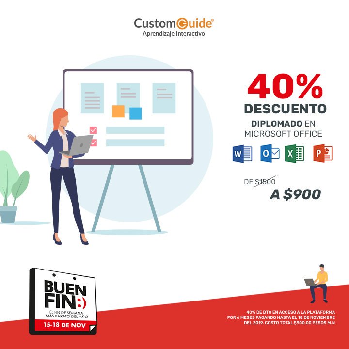 CustomGuideES's tweet photo. 🚨🚨 40% DE DESCUENTO 🚨🚨
Diplomado en línea de Microsoft Office‼️✅🤩
👉https://t.co/QfqScImuxb
✅Acceso de 6 meses a la plataforma
✅Promoción válida hasta el 18 de Noviembre del 2019
#CustomGuideMx #cursos #Capacitación #Excel #Word #Diplomado https://t.co/AT2sUt9PMU