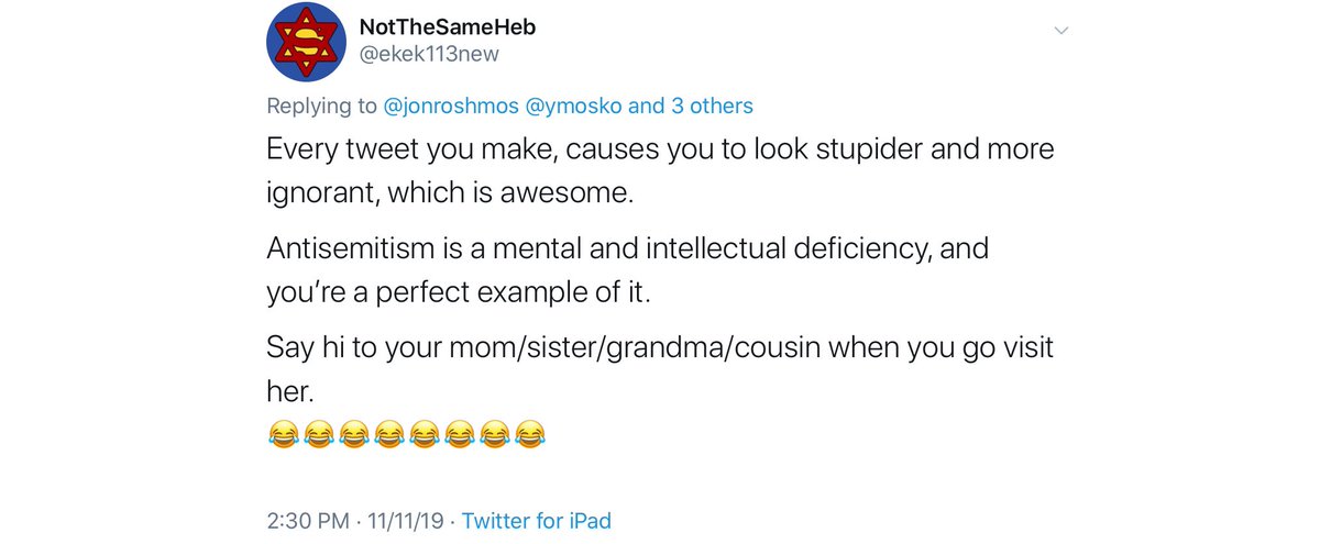 ShaulIshTov's tweet photo. Typical antisemites love to prove how stupid they are, and then delete everything as if that will change anything.
Don’t forget to say hi to your mom/sister/grandma/cousin when you go visit her, Jon. 👋 #InbredLoser #NaziFail https://t.co/5HOmbLHovm