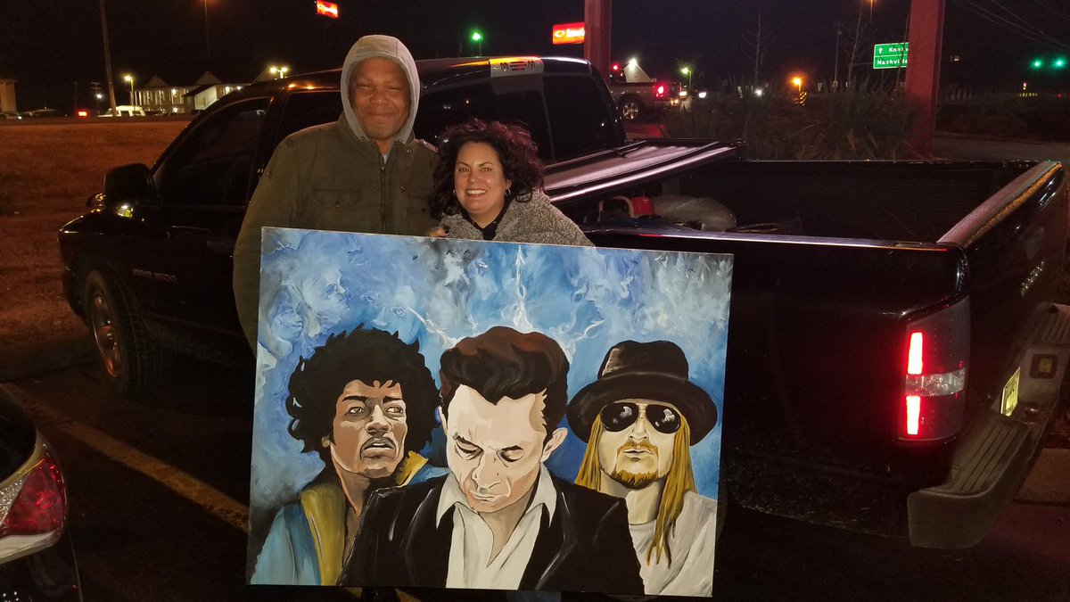 BentleySold's tweet photo. @andy_wright_esq @KidRock Took my fave artist to dinner  for painting me my faves: Jimi, Johnny, &amp; Kid Rock! https://t.co/K9fWPEg79D