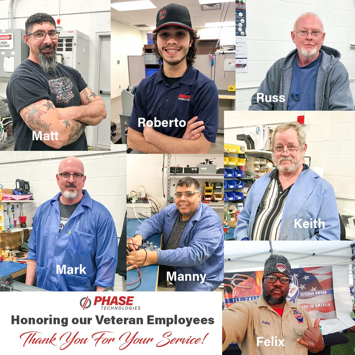 Honoring our Veteran employees at Phase Technologies. Thank you for your service.
#VeteransDay #veteranemployees #phasetechnologies #WeSaluteYou