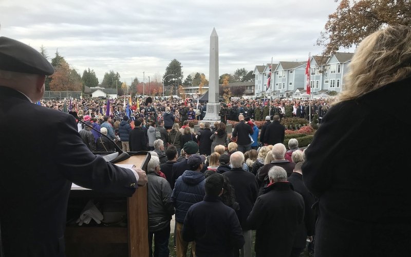 PAJ_the_wolf's tweet photo. My view of the cenotaph in Ladner from the stage of the Delta Community Choir this morning. https://t.co/InJV5V36zq