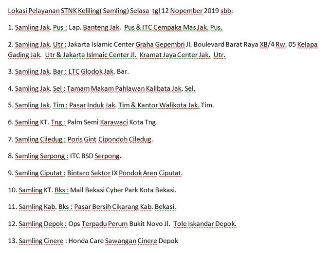 Lokasi Pelayanan STNK Keliling (Samling) Selasa  tgl 12 November 2019 sbb: