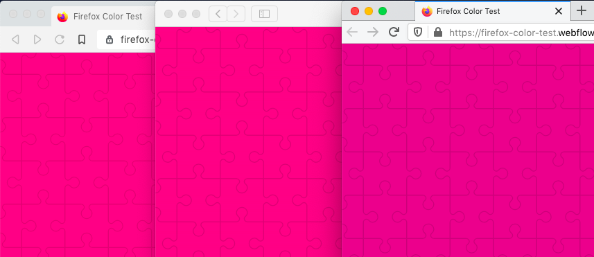 CzajkowskiDarek's tweet photo. @adamwathan @firefox Just tested on an old, 13" MB Air here and there is a difference. From left: Brave (Chromium), Safari, Firefox.
Sip (a color picker) says Safari and Chromium renders #ff0085, while Firefox #ec008c. But #ec008c is the correct color. I don't know what to think 🤔 https://t.co/Qv8emPblLj