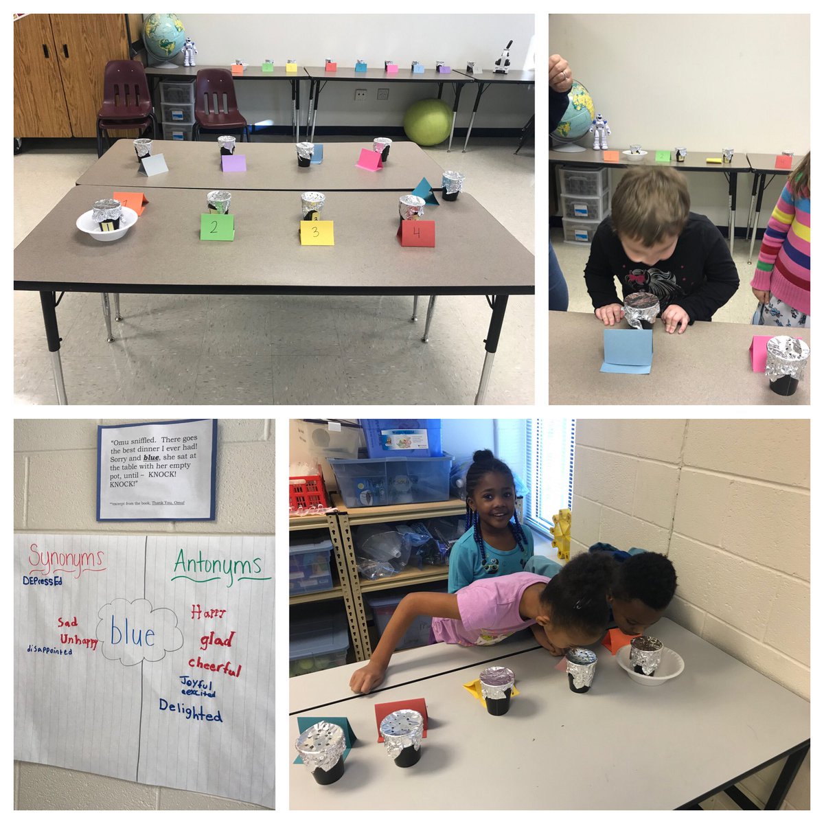 SUTTitle1's tweet photo. Sutherland celebrated Read for the Record Day with special guest readers.  And just like Omu’s big batch of delicious smelling stew, students had to use their sense of smell to guess what was in the mystery cups. #readfortherecord @ScottiesFirst @sutscotties @Din_CoSchools https://t.co/hZ2k4DR0Y1
