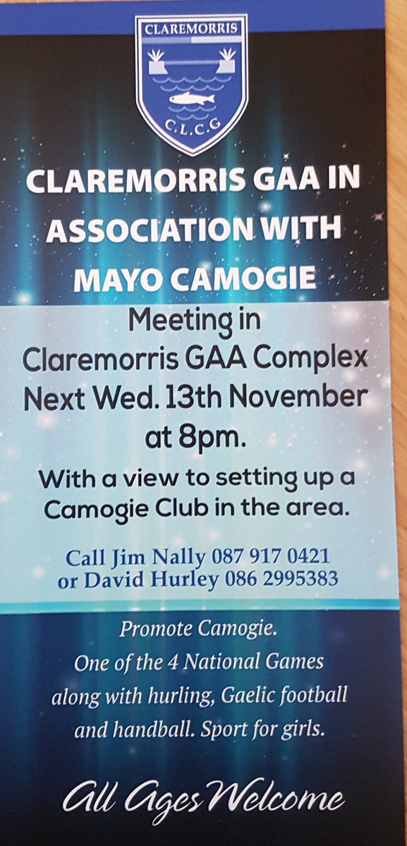 Public meeting in Claremorris GAA Complex on Wed at 8pm to explore the possibility of forming a camogie club. All interested players and parents welcomed. Spread the word. <a href="/claremorrisgaa/">Claremorris GAA</a>