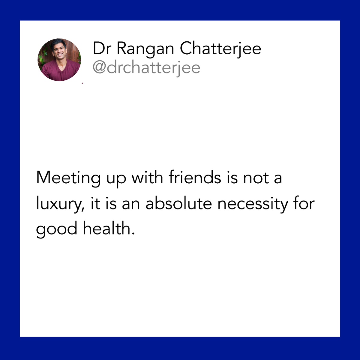 BlueZones's tweet photo. You mimic the habits of your three closest friends. If you share similar values, healthy habits &amp; life goals, you’re likely to experience less stress, be happier &amp; live longer. Listen to the full episode of @drchatterjeeuk Feel Better, Live More podcast: https://t.co/675MbM9ozQ https://t.co/9xMZsRhPoE