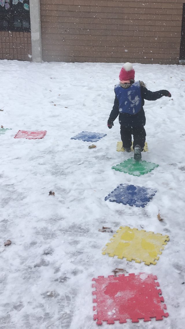 kindiegators's tweet photo. We made a big fun game board and WE are the moving pieces! We took turns rolling the dice and hopped over the correct number of tiles. #numbersense #subitization #selfregulation #1to1correspondence https://t.co/n28aVdDWHS