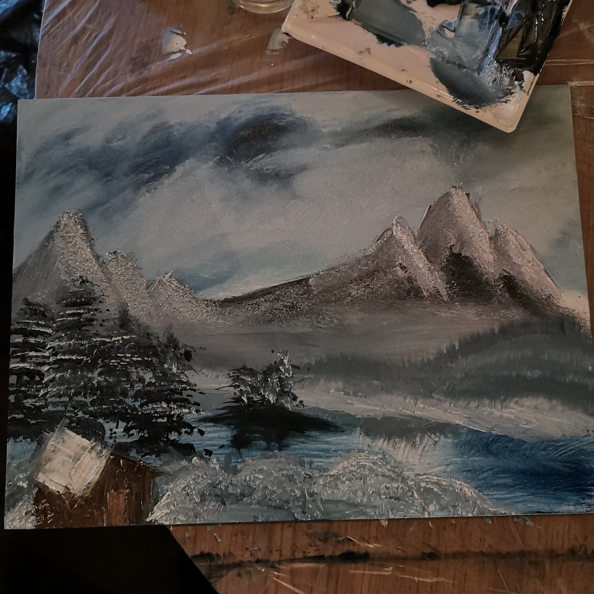 Enjoyed our Bob Ross evening tonight and I'm pretty impressed with the final product. I just kept telling myself 'no pressure' and it'll all come together in the end 🤣 🌲🏔️ #bobrosspainting #craftbeer #liverpool #smithdownroad #painting #craftnight #mountains #trees #logcabin